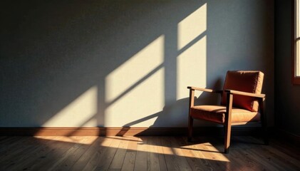 Dark wooden floor with chair casting long shadow, furniture, darkness, room