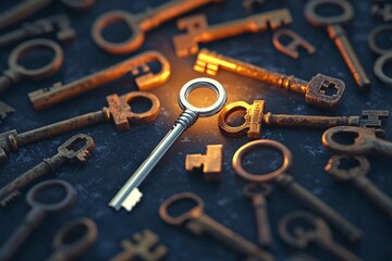 Golden key among rusty vintage keys symbolizing uniqueness, success, leadership, opportunity, standout potential, value, and personal growth in a conceptual metaphor on contrast and choice
