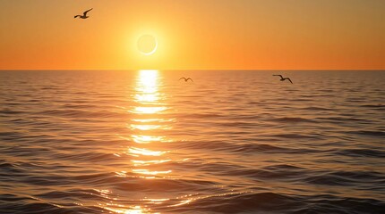 partial solar eclipse over ocean, crescent sun reflecting on rippling waves, golden shimmer, silhouetted seagulls