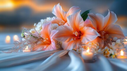 Elegant tropical flowers with soft lighting and candles on fabric backdrop