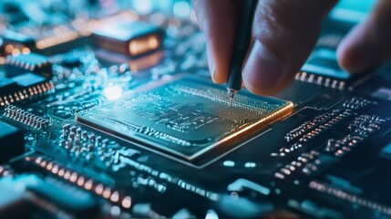 A microchip engineer designing ultra low latency chips for real time communication networks, futuristic communication lab with advanced systems, High-tech style