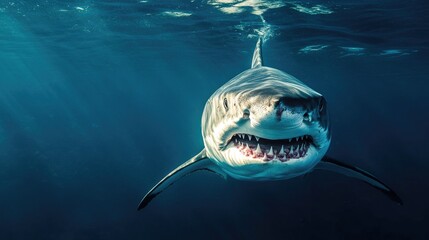A haunting underwater view of a shark, mouth agape, revealing the deadly precision of its sharp teeth.