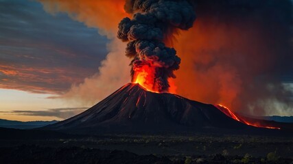 Erupting Volcano Spewing Smoke and Lava Against Dramatic Sky Scenery