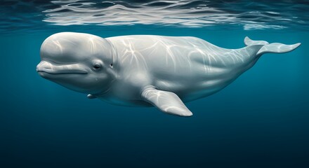 Fototapeta premium Beluga Whale Swimming Underwater in Dark Blue Ocean Water Illustration