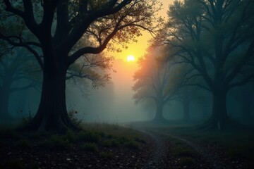 Obraz premium Dense forest at dusk with misty atmosphere and twisted tree branches, gloomy, eerie, dark wood