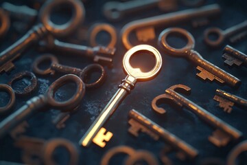 Golden key among rusty vintage keys symbolizing uniqueness, success, leadership, opportunity, standout potential, value, and personal growth in a conceptual metaphor on contrast and choice
