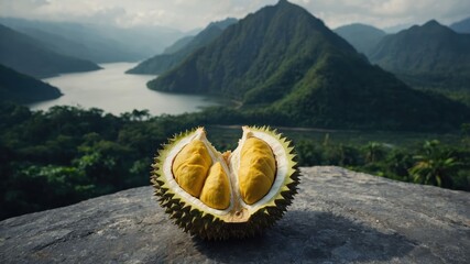 Cut Durian Fruit on Rock Ledge with Mountain Lake Vista