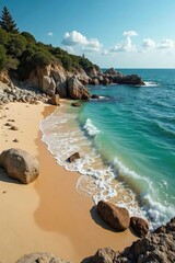 Obraz premium River flowing through a shallow stretch of sand and rocks, sand, water, shore