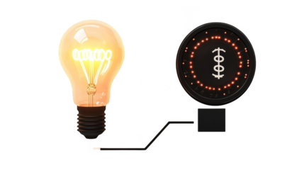 Illustration Of Illuminated Light Bulb And Digital Sign Circuit With Wire on Transparent Background