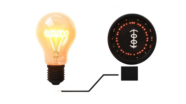 Illustration Of Illuminated Light Bulb And Digital Sign Circuit With Wire on Transparent Background