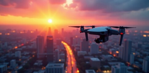 Drones flying in formation over a futuristic cityscape at sunset, sunset, aerial, tech