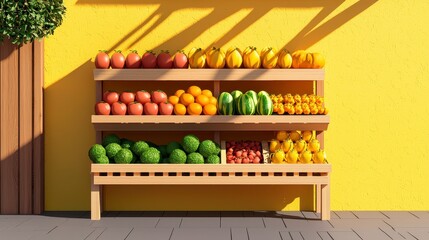 Sunlit Wooden Fruit and Vegetable Stand Against Yellow Wall