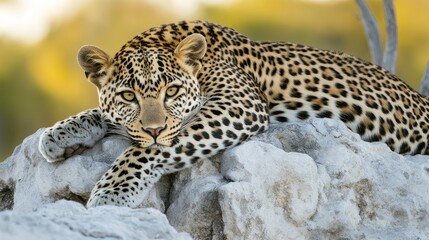 Fototapeta premium A leopard rests on a rocky ledge, its amber eyes locked onto the open plains below.
