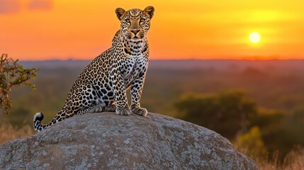 Obraz premium A leopard sits atop a rugged rock formation, its sleek body poised and alert under the soft hues of the golden hour.