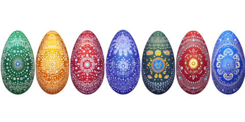 Illustration of Seven Colorful Decorated Easter Eggs on Transparent Black Background