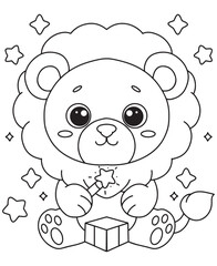 Coloring book  lion with a wand and a gift box, surrounded by stars. Fun line art for coloring
