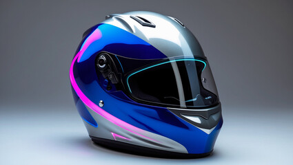 Fototapeta premium Blue and Silver Sports Helmet with Neon Glow