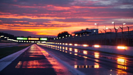 Sunset Over a Wet Motorsport Track with Reflections