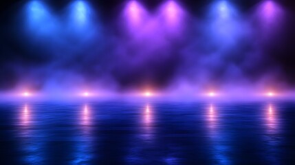 A colorful and atmospheric stage with glowing lights and mist