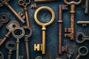 Golden key among rusty vintage keys symbolizing uniqueness, success, leadership, opportunity, standout potential, value, and personal growth in a conceptual metaphor on contrast and choice
