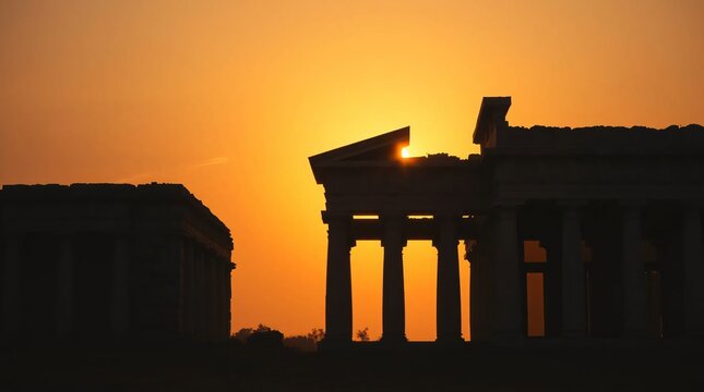 ancient temple during a partial solar eclipse with golden orange sky