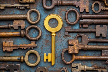 Golden key among rusty vintage keys symbolizing uniqueness, success, leadership, opportunity, standout potential, value, and personal growth in a conceptual metaphor on contrast and choice
