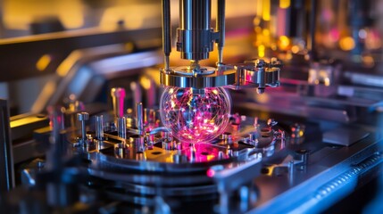 A quantum computing researcher optimizing AI algorithms for quantum cryptography in a high tech lab, futuristic quantum facility with machine learning-enhanced security systems, Scientific style