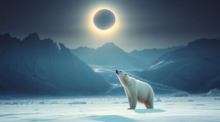 Arctic Circle setting partial solar eclipse, crescent sun reflecting on icy landscape, towering glaciers