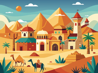colorful illustration of a caravanserai camel and desert