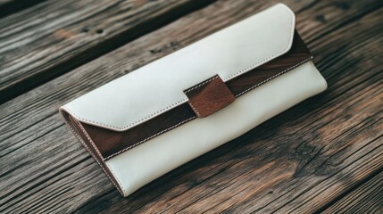 A luxurious white leather clutch with an elegant design resting on dark oak wood.