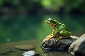 Obraz premium Frog sitting on a rock by the water's edge , water, frog