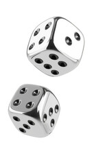 Isolated 3D Render of Two Metallic Dice in Black Transparent Background