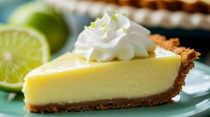 Close Up of Key Lime Pie Slice with Graham Cracker Crust Topped with Whipped Cream and Lime Zest on Teal Plate with Lime in Background