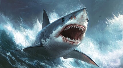 Obraz premium A magnificent shark dominates the ocean, its powerful jaws wide open, showcasing razor-sharp teeth.