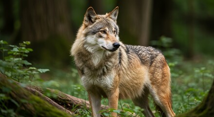 Lone Wolf Standing Alert in a Green Forest Environment Looking Left
