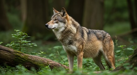 Wolf Standing Alert in Forest Clearing Wild Animal in Natural Habitat