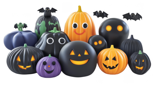 Halloween Illustration Of Various Carved Pumpkins With Orange And Black Colors