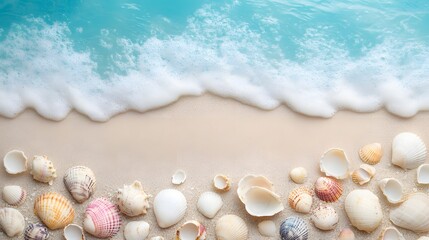 Idyllic tropical beach scene with soft sand gently lapping waves and an array of seashells and shells scattered along the coastline