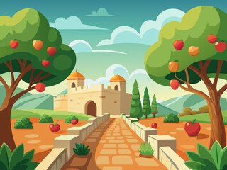 colorful illustration of a middle east orchard