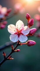 Obraz premium Soft light highlights the intricate details of an almond blossom on a lush branch, focus soft, branch