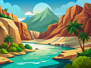 colorful illustration of a pristine river between rock cliff