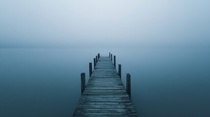 Misty lake pier solitude; serene calm water background; peaceful meditation imagery