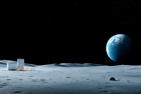 A futuristic lunar landscape featuring a habitat module and Earth visible in the distance against a starry black sky.