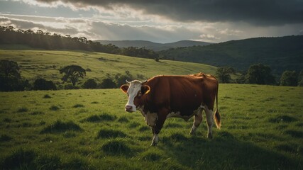 Cow standing in green pasture with scenic hills and sky