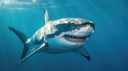 Fototapeta premium A powerful great white shark swimming forward with its jaws fully extended, showing rows of fierce teeth.