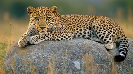 Naklejka premium A powerful leopard rests on a warm rock, its gaze intense and unwavering as it watches over its vast kingdom.