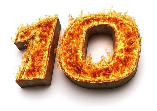 Fiery number ten on white background.