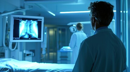 A doctor looking at a digital X-ray on a screen in a modern medical facility.