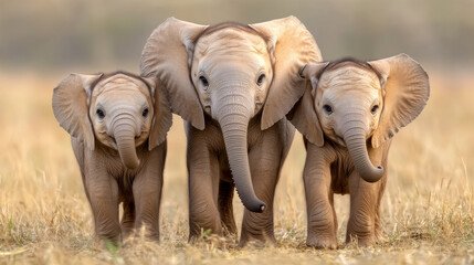 Three Adorable Baby Elephants Walking in a Grassy Field