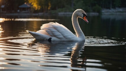 Swan Swimming on Lake at Sunset with Reflection on Water